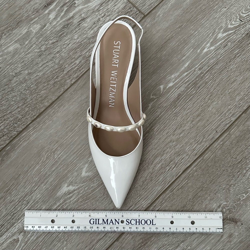 Stuart Weitzman White Pointed Slingback Heels with Pearl-Trim Strap - Picture 13 of 15
